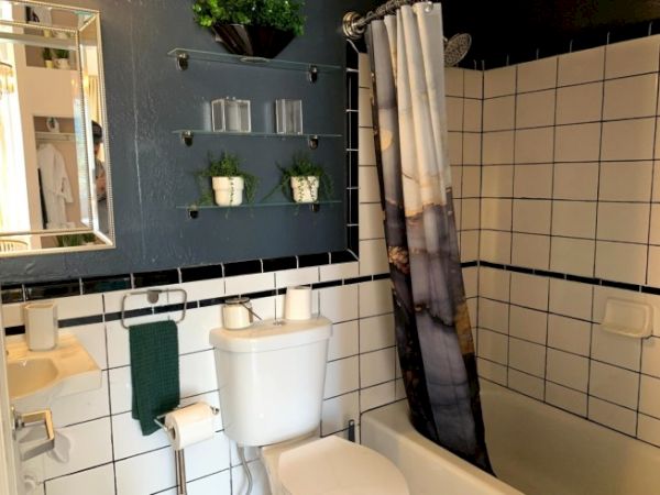 A bathroom featuring a toilet, sink, bathtub with a curtain, mirrored wall, tile design, shelves with plants, and a towel rail.