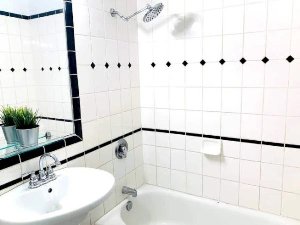 A white-tiled bathroom with black accents features a sink, mirror, shower, and plant on a shelf above the sink ending the sentence.