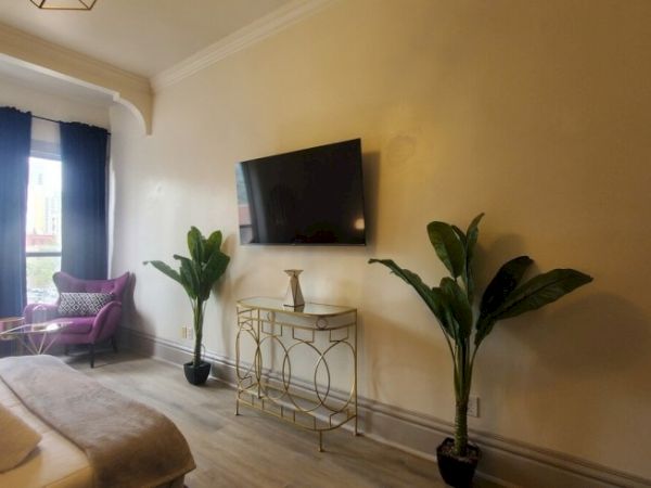 A cozy room with a wall-mounted TV, two potted plants, a decorative console table, and a pink armchair near a window with dark curtains.