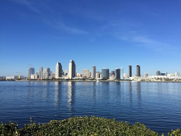 A city skyline with modern high-rise buildings is reflected in a calm body of water, under a clear blue sky with greenery in the foreground.