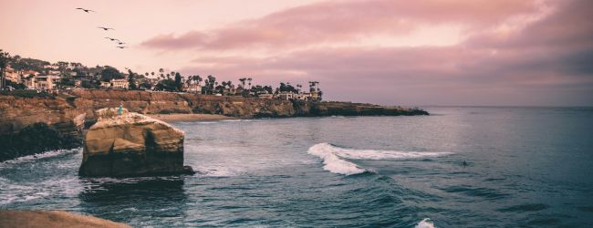 A coastal scene with rocky cliffs, waves, palm trees, and birds in the sky under a pinkish sunset.